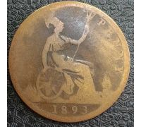 1 пенни 1893 год Великобритания, one penny Королева Виктория №2