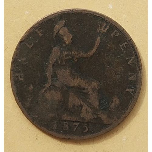 1/2 пенни 1875 год. Великобритания. Пол пенни, half penny. Королева Виктория