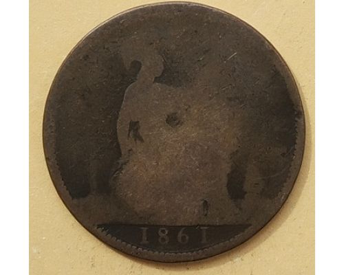 1 пенни 1861 год Великобритания, one penny Королева Виктория