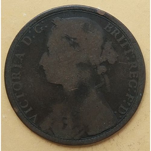 1 пенни 1877 год Великобритания, one penny. Королева Виктория