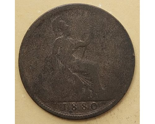1 пенни 1880 год Великобритания, one penny Королева Виктория #2