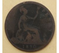 1 пенни 1890 год Великобритания, one penny Королева Виктория