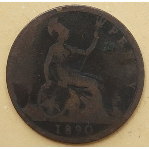 1 пенни 1890 год Великобритания, one penny. Королева Виктория