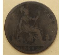 1 пенни 1892 год Великобритания, one penny Королева Виктория