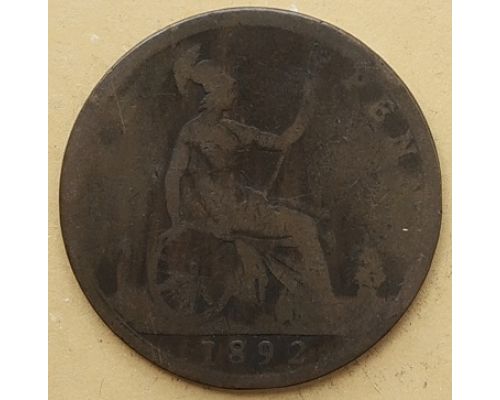 1 пенни 1892 год Великобритания, one penny Королева Виктория