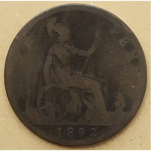 1 пенни 1892 год Великобритания, one penny. Королева Виктория