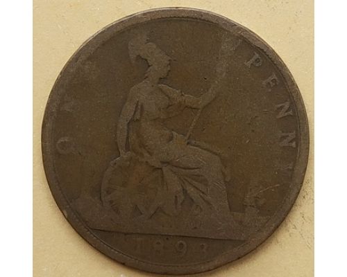 1 пенни 1893 год Великобритания, one penny Королева Виктория