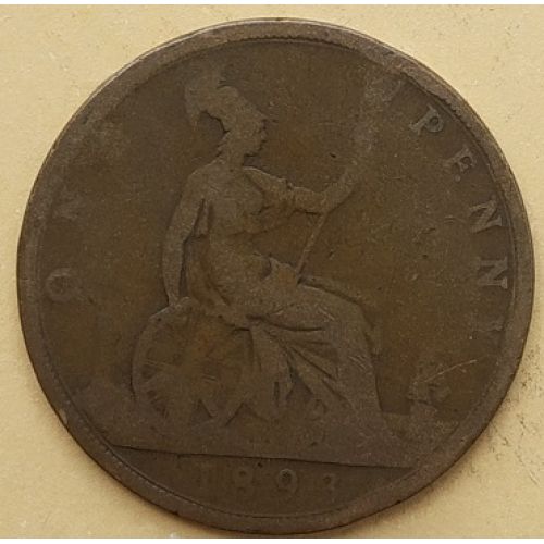 1 пенни 1893 год Великобритания, one penny. Королева Виктория