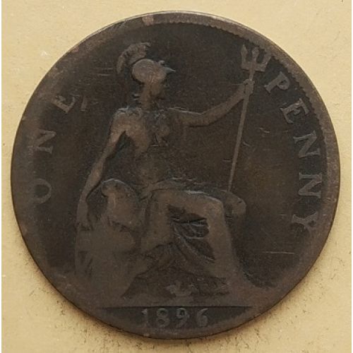 1 пенни 1896 год Великобритания, one penny. Королева Виктория