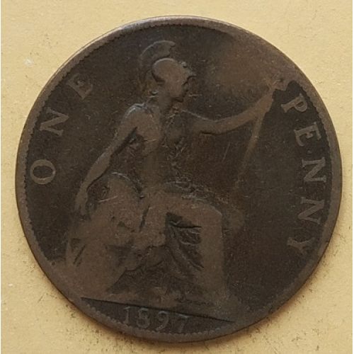 1 пенни 1897 год Великобритания, one penny. Королева Виктория