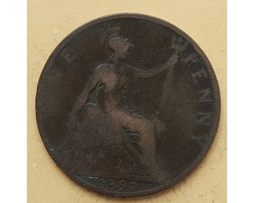 1 пенни 1897 год Великобритания, one penny Королева Виктория #2