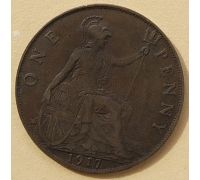 1 пенни 1917 год Великобритания, one penny Георг V