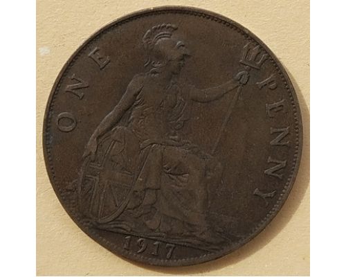 1 пенни 1917 год Великобритания, one penny Георг V