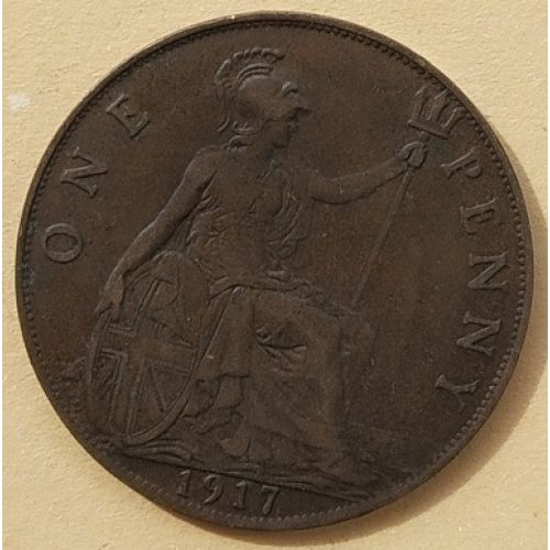 1 пенни 1917 год Великобритания, one penny. Георг V