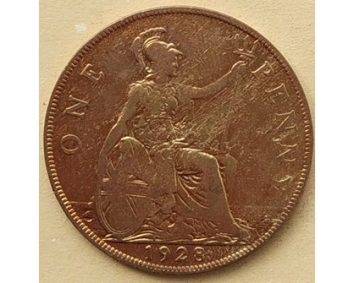 1 пенни 1928 год Великобритания, one penny Георг V