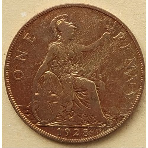 1 пенни 1928 год Великобритания, one penny. Георг V