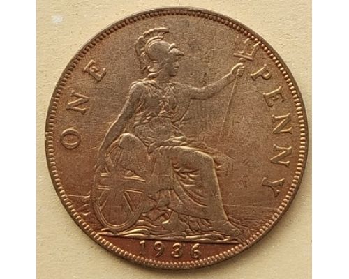 1 пенни 1936 год Великобритания, one penny Георг V