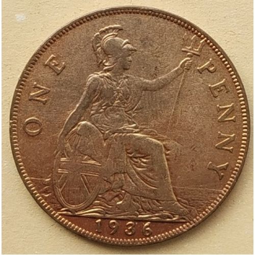 1 пенни 1936 год Великобритания, one penny. Георг V