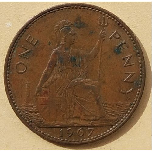 1 пенни 1967 год Великобритания, one penny. Елизавета II