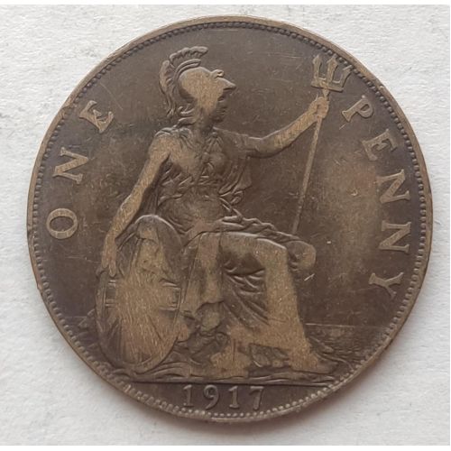 1 пенни 1917 год Великобритания, one penny. Георг V №3