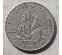 25 центов 1994 год Восточные Карибы Корабль Френсиса Дрейка Golden Hind