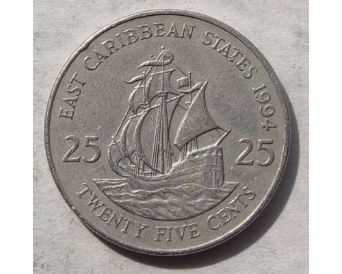 25 центов 1994 год Восточные Карибы Корабль Френсиса Дрейка Golden Hind
