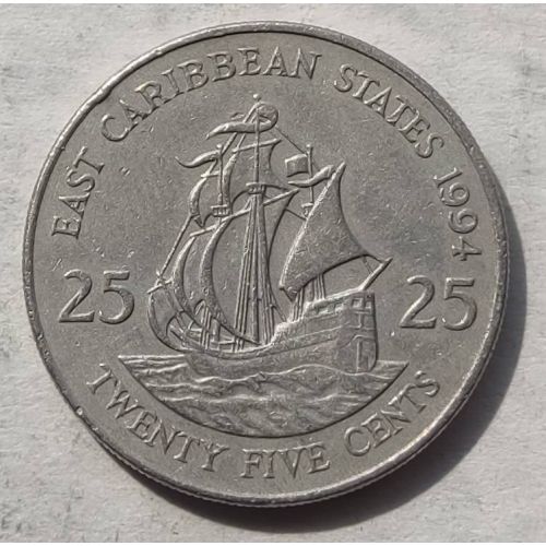 25 центов 1994 год Восточные Карибы Корабль Френсиса Дрейка Golden Hind