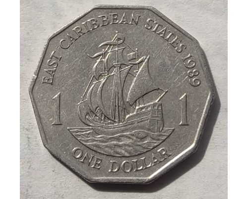 1 доллар 1989 год Восточные Карибы Корабль Френсиса Дрейка Golden Hind