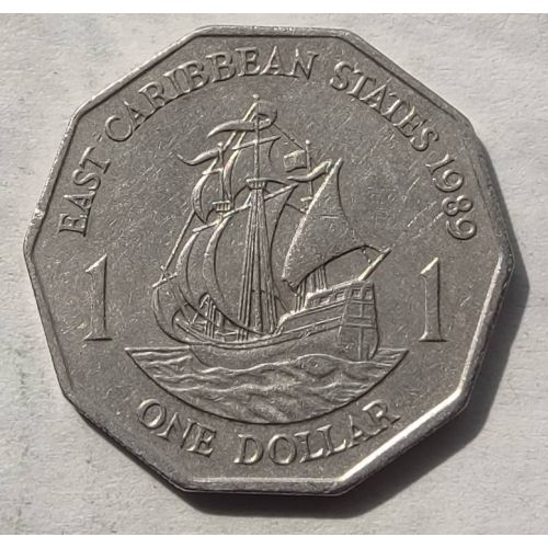 1 доллар 1989 год Восточные Карибы Корабль Френсиса Дрейка Golden Hind